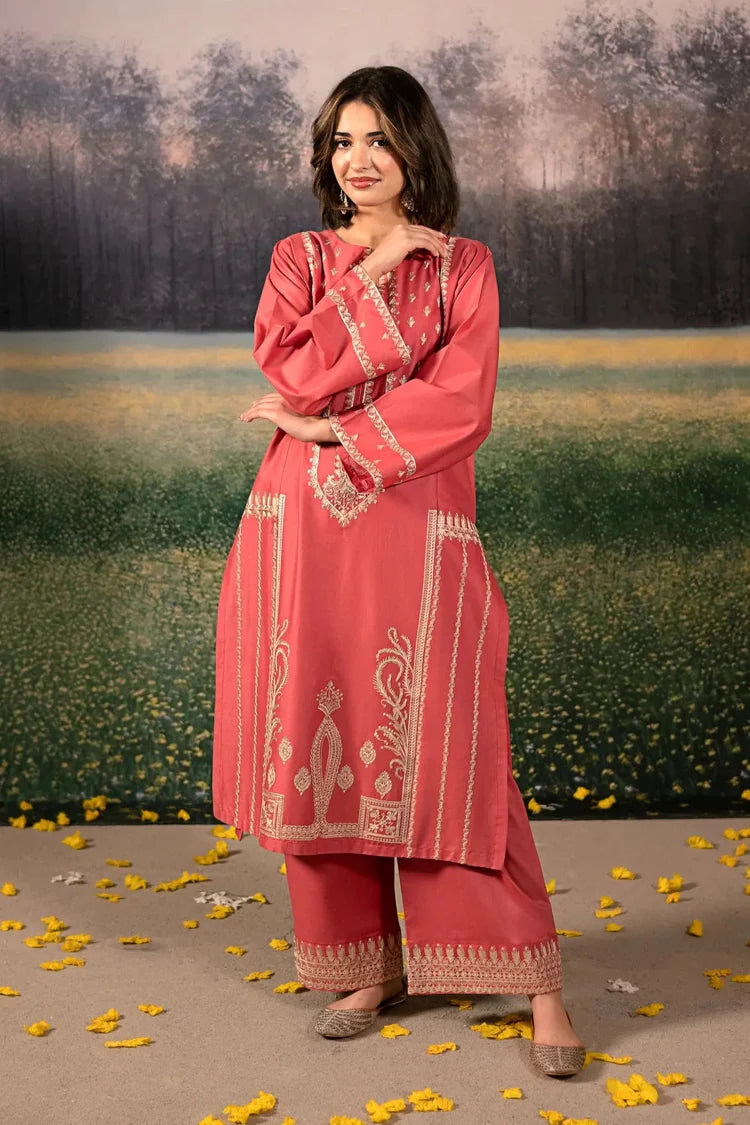 URGE-3PC DHANAK EMBROIDERED SHIRT WITH COURTRAI PRINTED SHAWL AND EMB TROUSER-W.J-1922