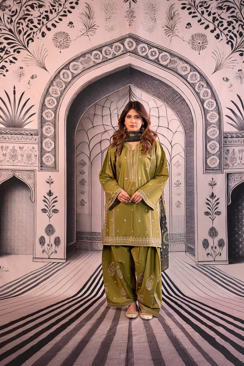 URGE-3PC DHANAK EMBROIDERED SHIRT WITH COUTRAI PRINTED SHAWL & EMB TROUSER-W.J-1803