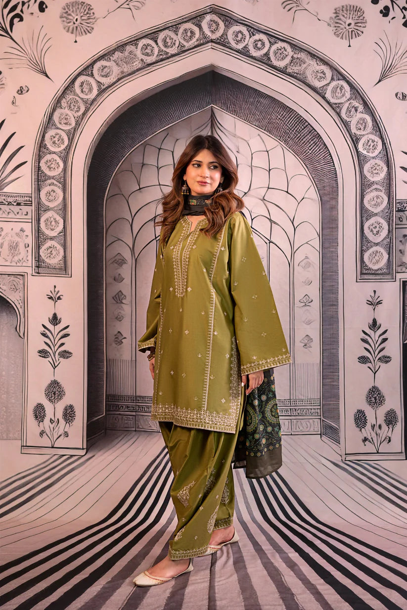 URGE-3PC DHANAK EMBROIDERED SHIRT WITH COUTRAI PRINTED SHAWL & EMB TROUSER-W.J-1803