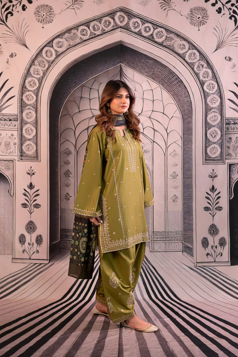 URGE-3PC DHANAK EMBROIDERED SHIRT WITH COUTRAI PRINTED SHAWL & EMB TROUSER-W.J-1803