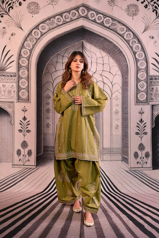 URGE-3PC DHANAK EMBROIDERED SHIRT WITH COUTRAI PRINTED SHAWL & EMB TROUSER-W.J-1803