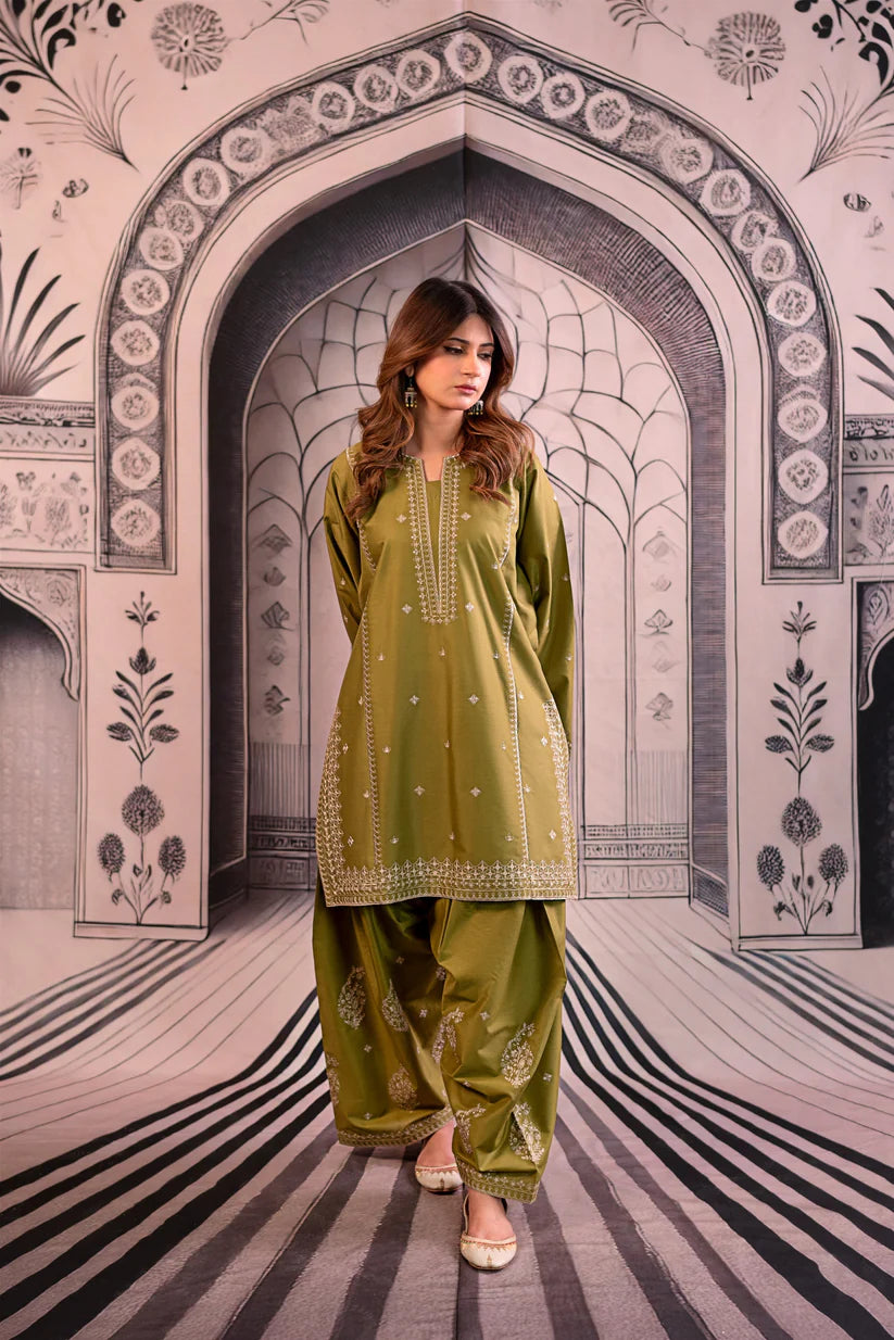 URGE-3PC DHANAK EMBROIDERED SHIRT WITH COUTRAI PRINTED SHAWL & EMB TROUSER-W.J-1803