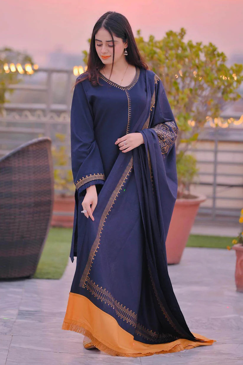 AISLING-3PC DHANAK EMBROIDERED SHIRT WITH COUTRAI PRINTED SHAWL AND TROUSER-W.J-1789