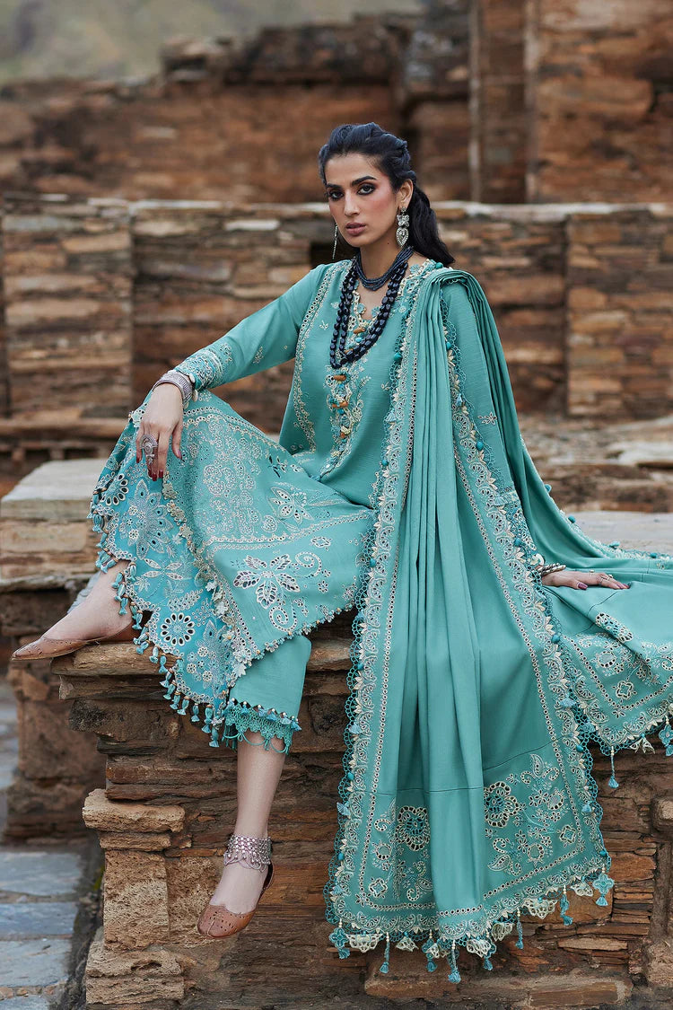 ELAN-3PC DHANAK CHIKAN EMBROIDERED SHIRT WITH DHANAK EMBROIDRED SHAWL & TROUSER-W.J-1924
