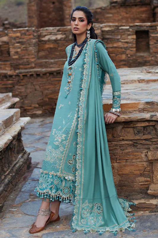 ELAN-3PC DHANAK CHIKAN EMBROIDERED SHIRT WITH DHANAK EMBROIDRED SHAWL & TROUSER-W.J-1924