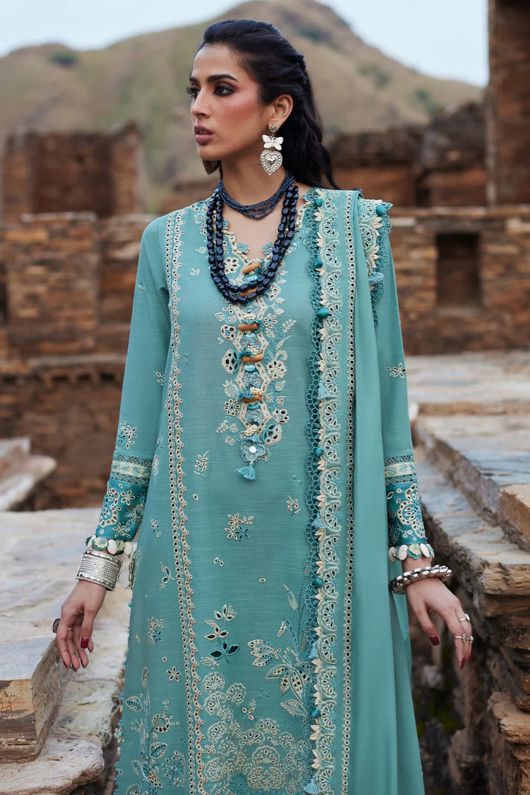 ELAN-3PC DHANAK CHIKAN EMBROIDERED SHIRT WITH DHANAK EMBROIDRED SHAWL & TROUSER-W.J-1924