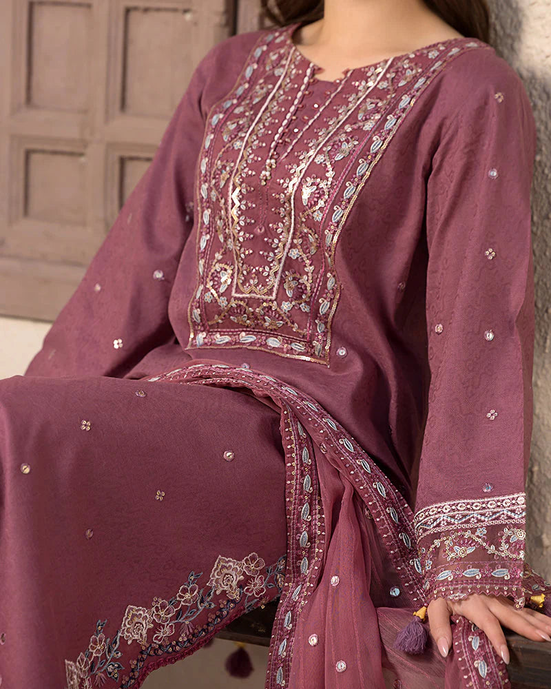 JADE-3PC DHANAK SEQUENCE EMBROIDERED SHIRT WITH CHIFFON EMBROIDERED DUPATTA AND TROUSER-W.J-1796