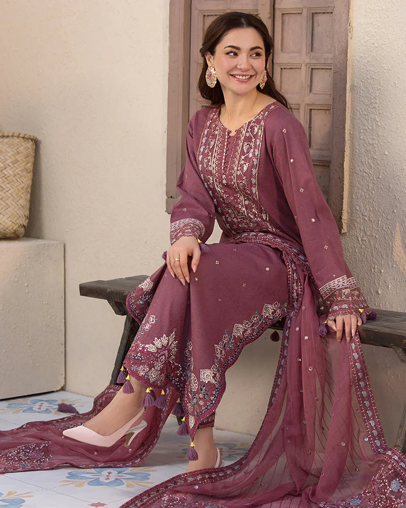 JADE-3PC DHANAK SEQUENCE EMBROIDERED SHIRT WITH CHIFFON EMBROIDERED DUPATTA AND TROUSER-W.J-1796