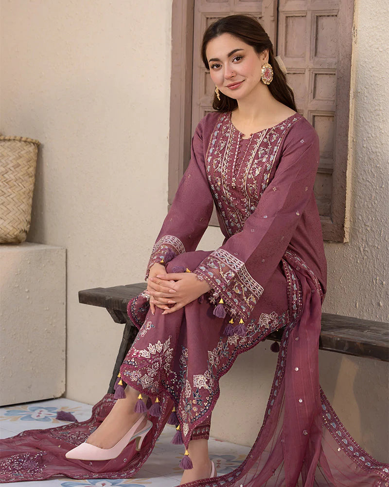 JADE-3PC DHANAK SEQUENCE EMBROIDERED SHIRT WITH CHIFFON EMBROIDERED DUPATTA AND TROUSER-W.J-1796