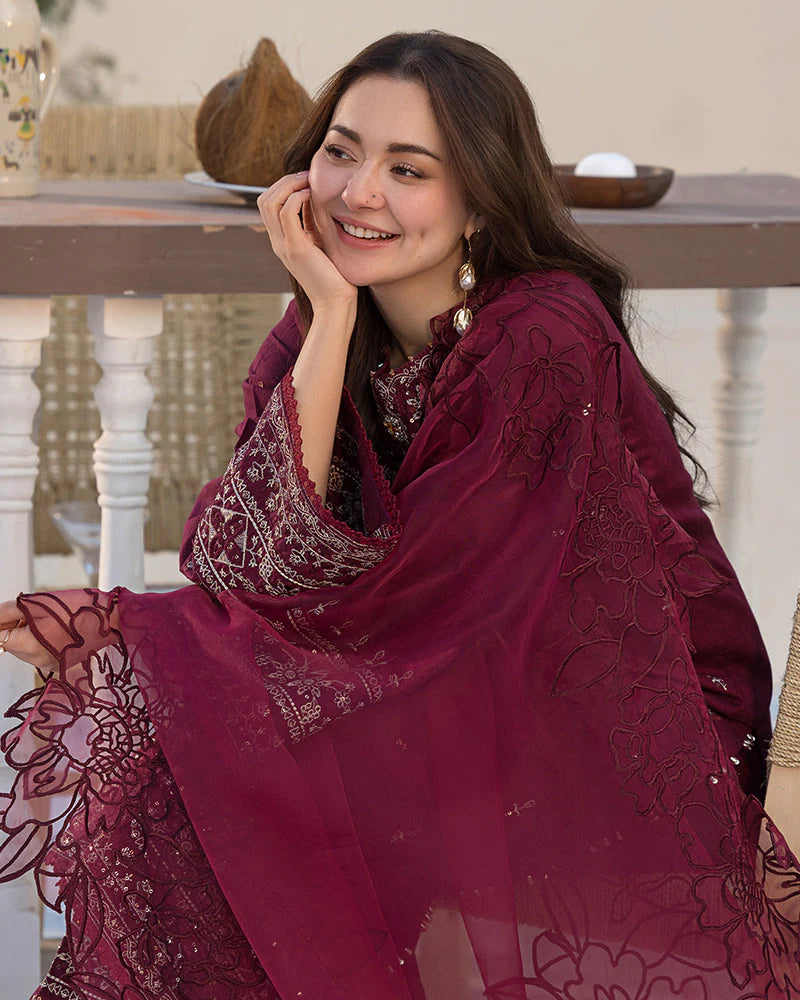 QALAMQAR-3PC DHANAK EMBROIDERED SHIRT WITH ORGANZA EMBROIDERED DUAPATTA AND EMB TROUSER-W.J-1845