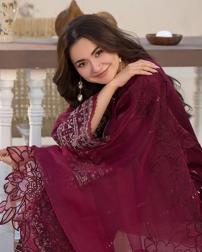QALAMQAR-3PC DHANAK EMBROIDERED SHIRT WITH ORGANZA EMBROIDERED DUAPATTA AND EMB TROUSER-W.J-1845