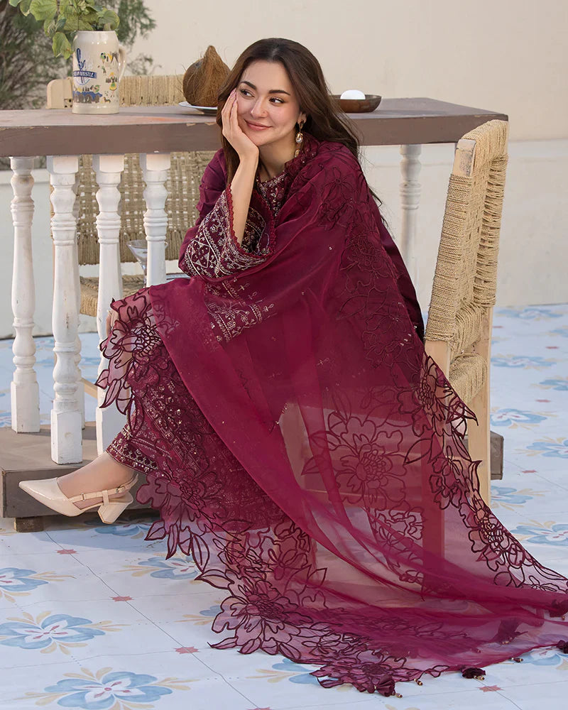 QALAMQAR-3PC DHANAK EMBROIDERED SHIRT WITH ORGANZA EMBROIDERED DUAPATTA AND EMB TROUSER-W.J-1845