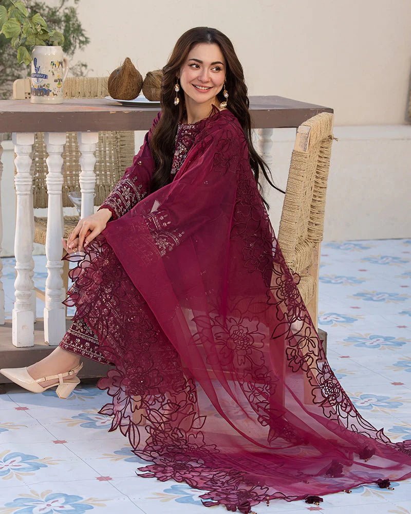 QALAMQAR-3PC DHANAK EMBROIDERED SHIRT WITH ORGANZA EMBROIDERED DUAPATTA AND EMB TROUSER-W.J-1845