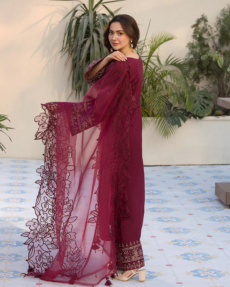 QALAMQAR-3PC DHANAK EMBROIDERED SHIRT WITH ORGANZA EMBROIDERED DUAPATTA AND EMB TROUSER-W.J-1845