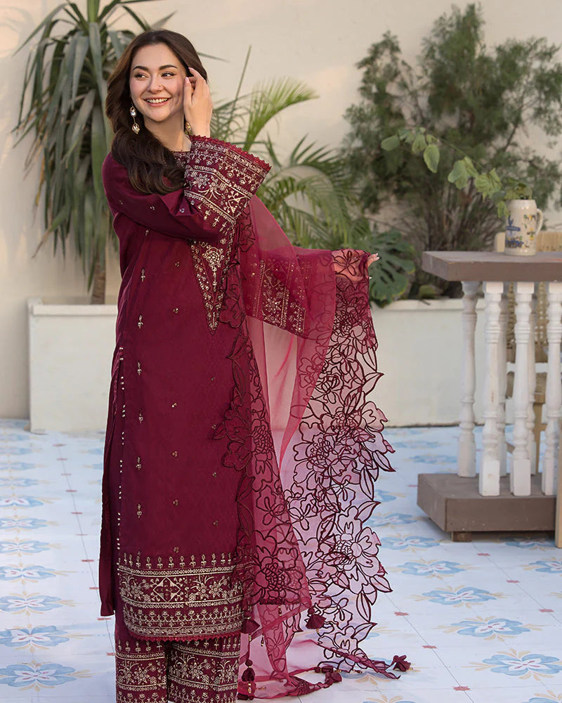 QALAMQAR-3PC DHANAK EMBROIDERED SHIRT WITH ORGANZA EMBROIDERED DUAPATTA AND EMB TROUSER-W.J-1845