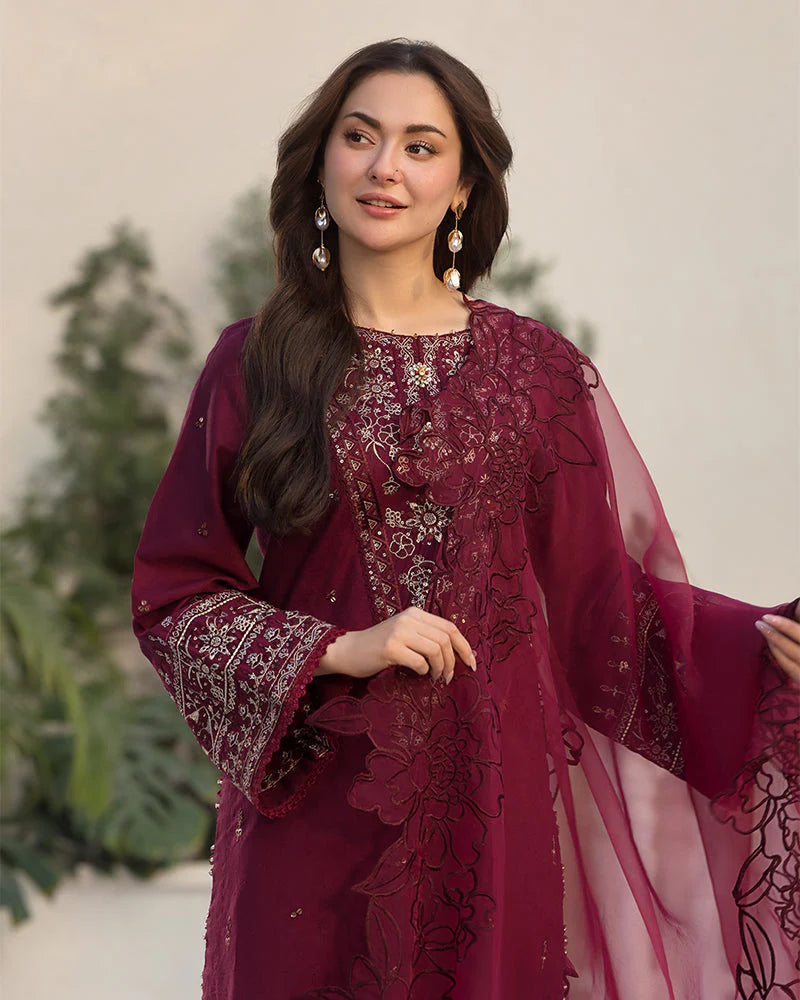QALAMQAR-3PC DHANAK EMBROIDERED SHIRT WITH ORGANZA EMBROIDERED DUAPATTA AND EMB TROUSER-W.J-1845