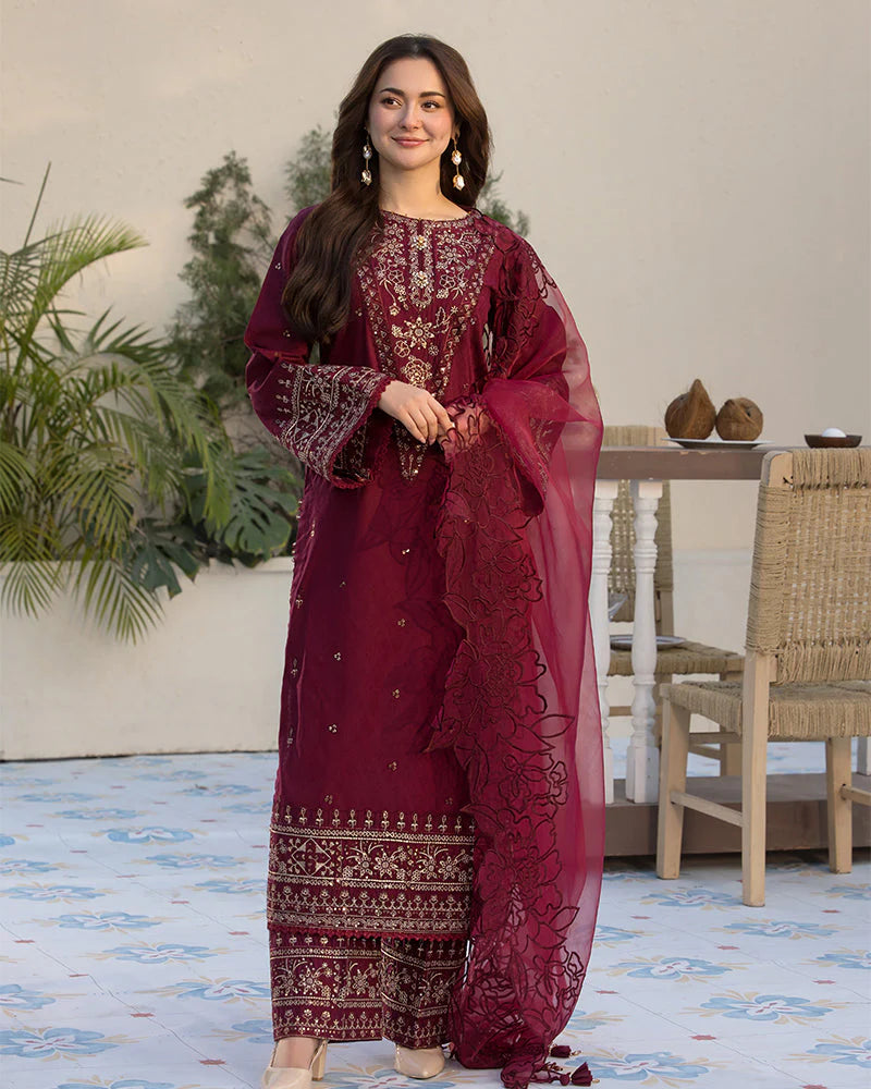 QALAMQAR-3PC DHANAK EMBROIDERED SHIRT WITH ORGANZA EMBROIDERED DUAPATTA AND EMB TROUSER-W.J-1845