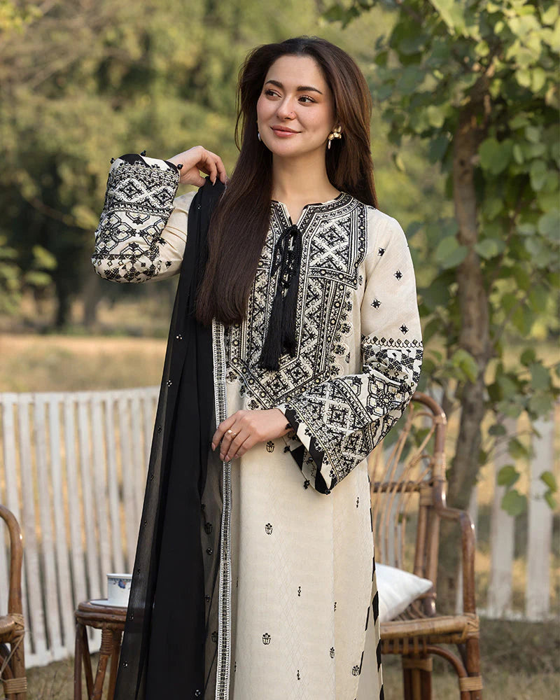 QALAMQAR-3PC LAWN EMBROIDERED SHIRT WITH CHIFFON EMBROIDERED DUPATTA AND TROUSER-W.J-1844