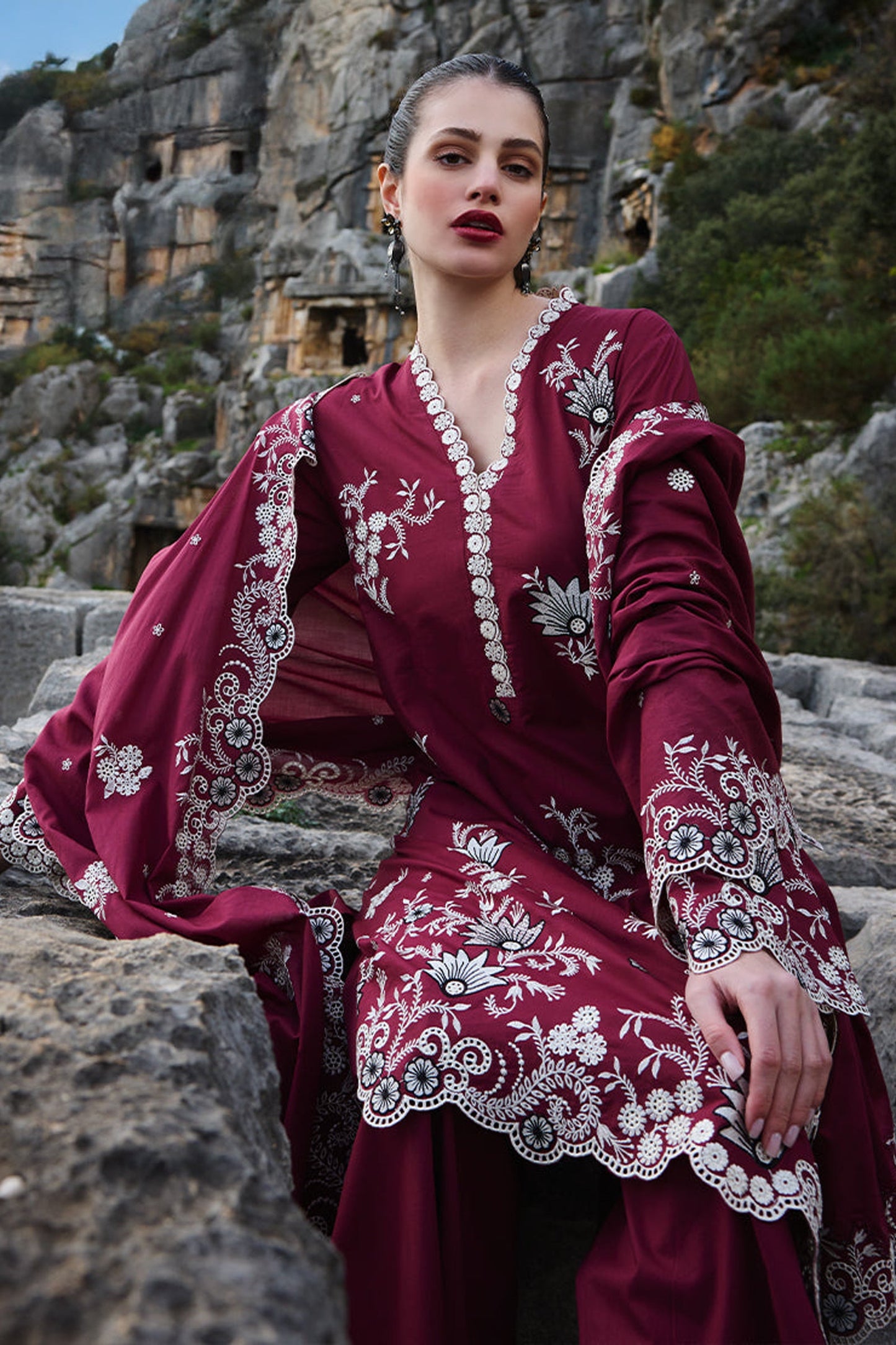 IMAGE-3PC LAWN EMBROIDERED SHIRT WITH MONARK EMBROIDERED DUAPATTA AND TROUSER-W.J-1671