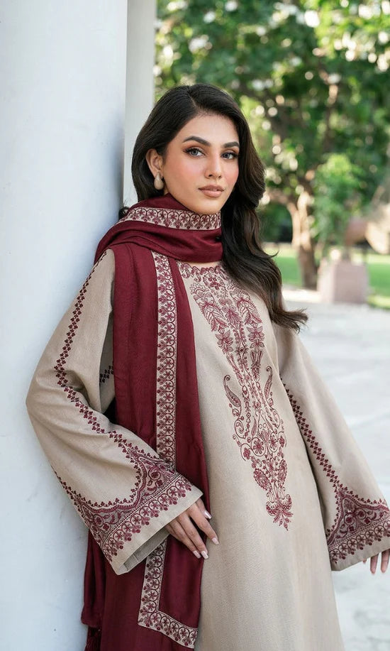 BAROQUE-3PC DHANAK EMBROIDERED SHIRT WITH DHANAK EMBROIDERED SHAWL AND EMB TROUSER-W.J-2002