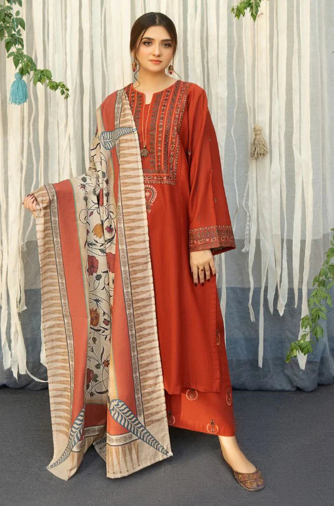 URGE - 3PC DHANAK EMBROIDERED SHIRT WITH COUTURE WOOL PRINT SHAWL AND TROUSER-W.J-1183