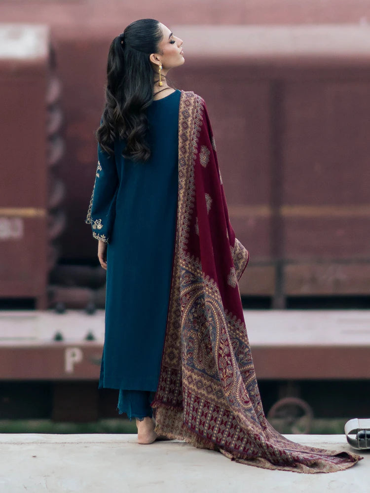 IZEL-3PC DHANAK EMBROIDERED SHIRT WITH COURTRAI PRINTED SHAWL & TROUSER-WJ-1936