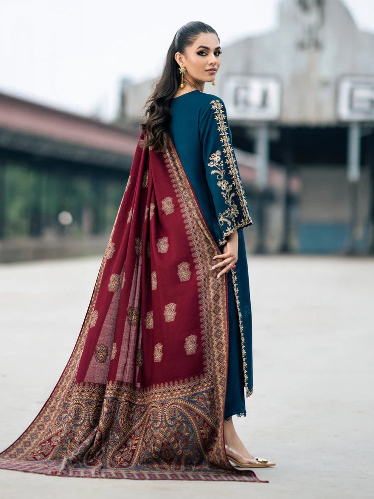 IZEL-3PC DHANAK EMBROIDERED SHIRT WITH COURTRAI PRINTED SHAWL & TROUSER-WJ-1936