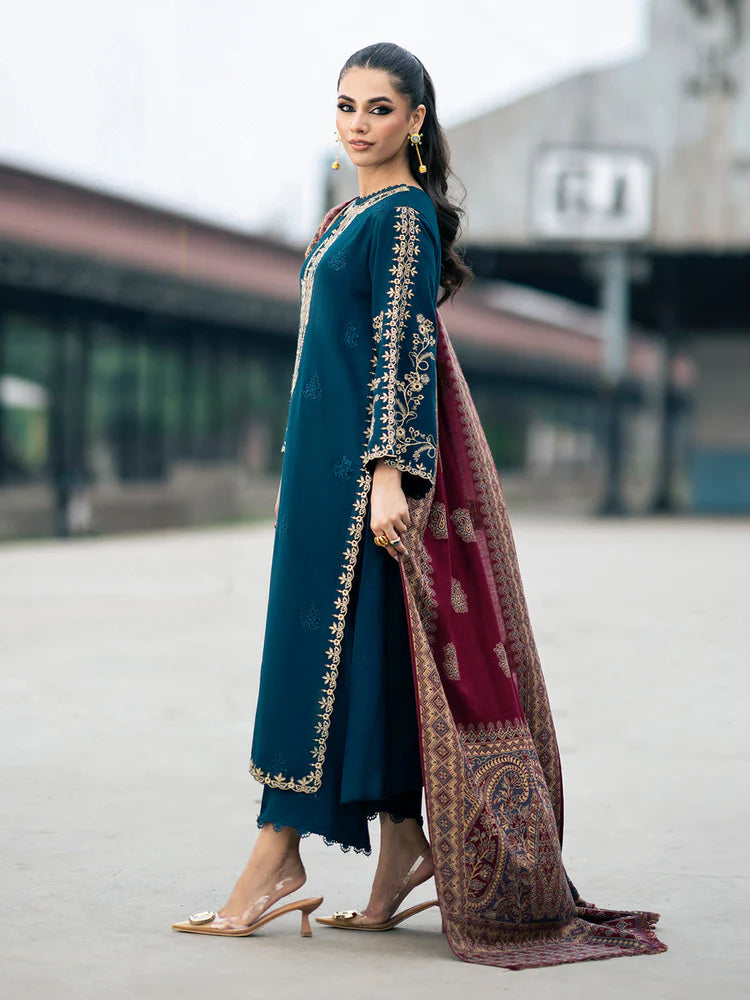 IZEL-3PC DHANAK EMBROIDERED SHIRT WITH COURTRAI PRINTED SHAWL & TROUSER-WJ-1936