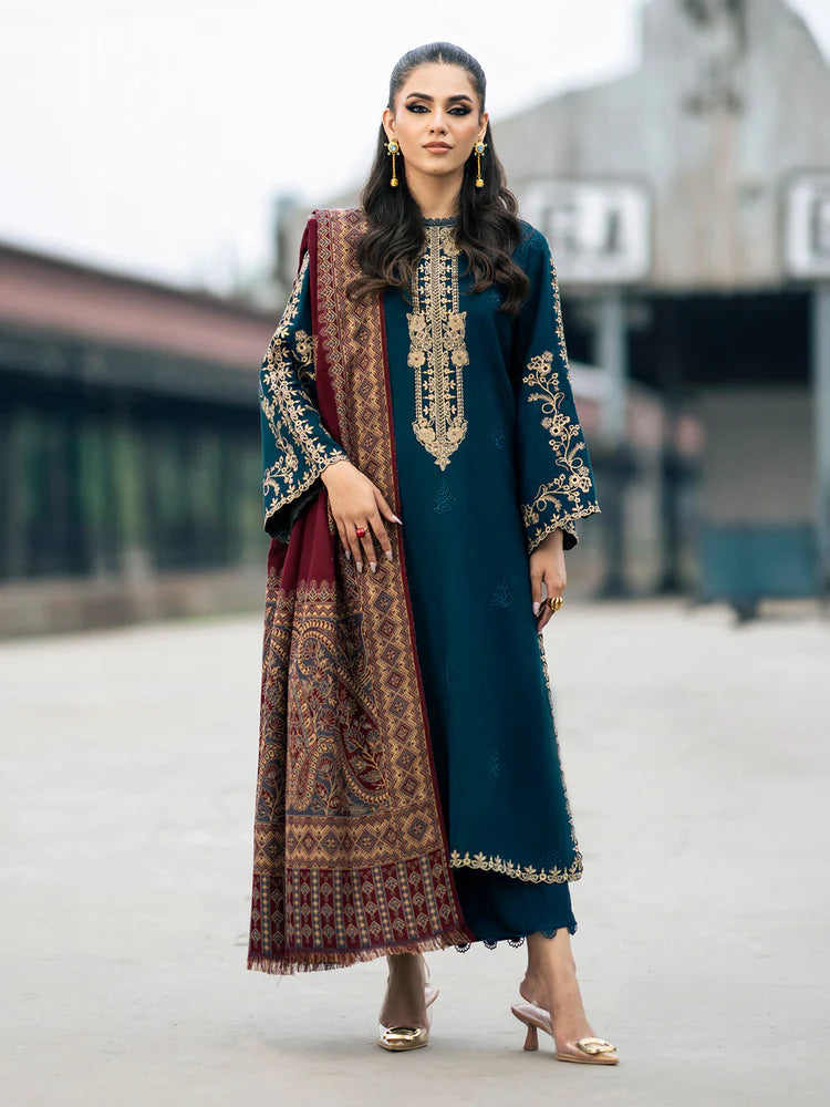IZEL-3PC DHANAK EMBROIDERED SHIRT WITH COURTRAI PRINTED SHAWL & TROUSER-WJ-1936