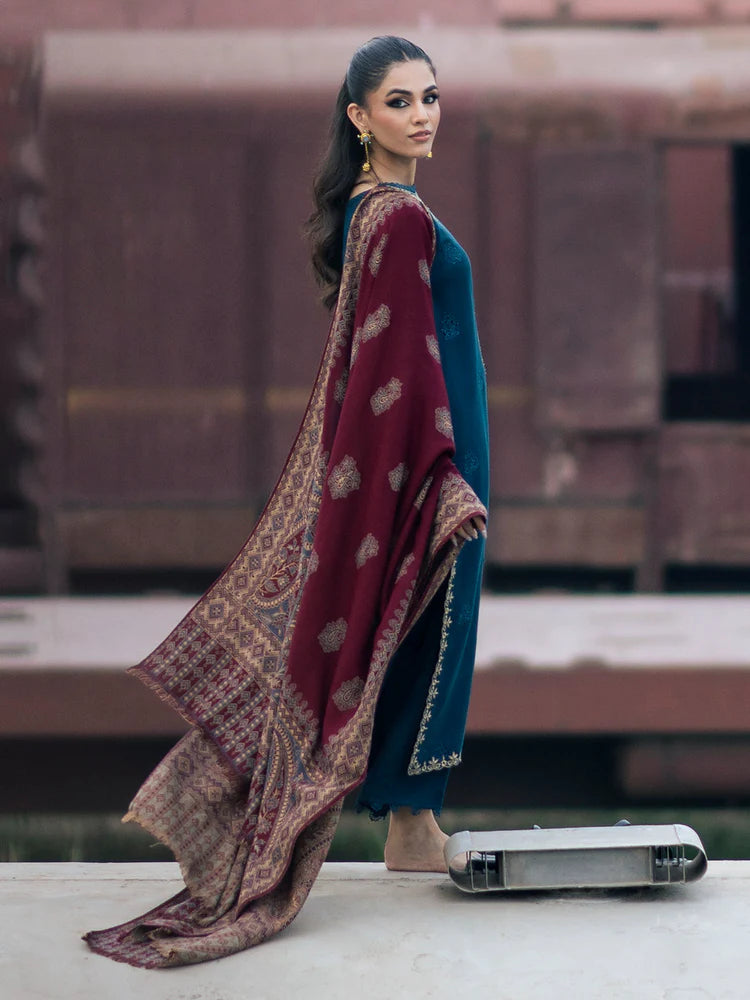 IZEL-3PC DHANAK EMBROIDERED SHIRT WITH COURTRAI PRINTED SHAWL & TROUSER-WJ-1936