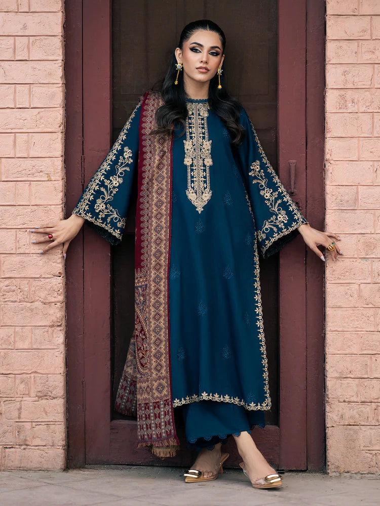 IZEL-3PC DHANAK EMBROIDERED SHIRT WITH COURTRAI PRINTED SHAWL & TROUSER-WJ-1936