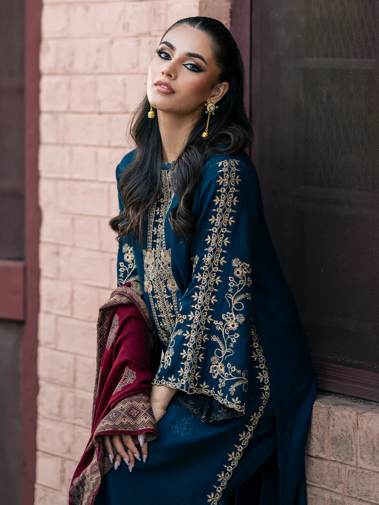 IZEL-3PC DHANAK EMBROIDERED SHIRT WITH COURTRAI PRINTED SHAWL & TROUSER-WJ-1936