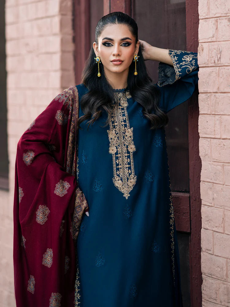 IZEL-3PC DHANAK EMBROIDERED SHIRT WITH COURTRAI PRINTED SHAWL & TROUSER-WJ-1936