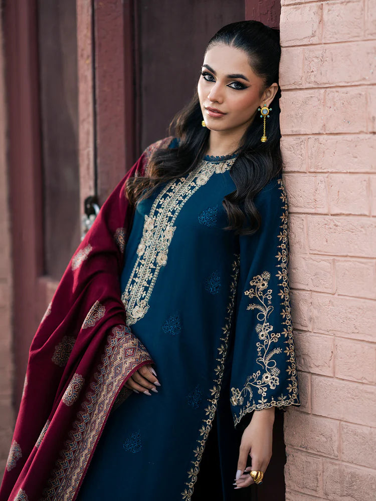 IZEL-3PC DHANAK EMBROIDERED SHIRT WITH COURTRAI PRINTED SHAWL & TROUSER-WJ-1936