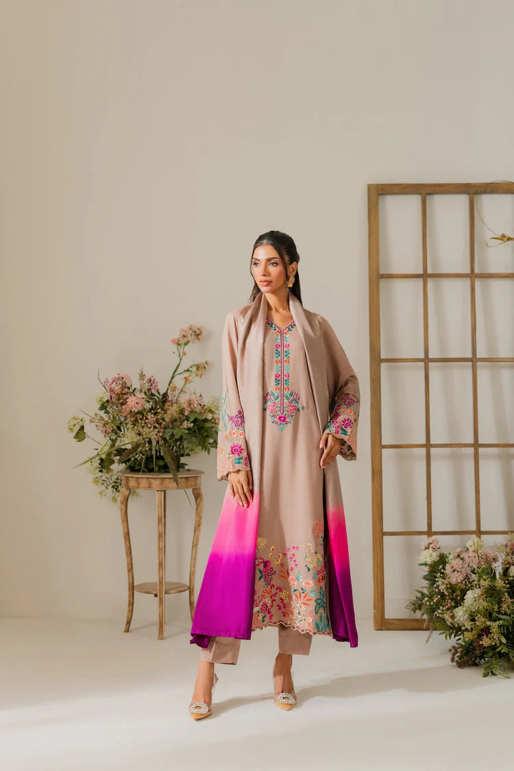 VINTAGE-3PC DHANAK EMBROIDERED SHIRT WITH TYE & DYE CHIFFON DUPATTA AND TROUSER-W.J-1995