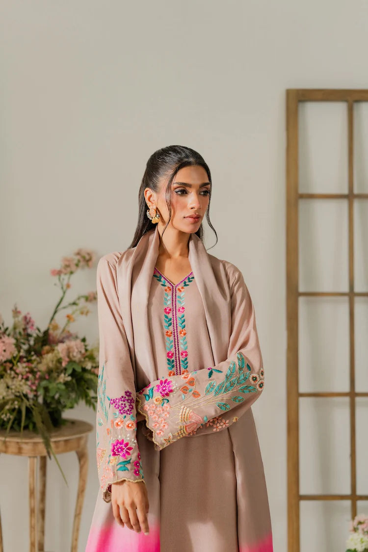 VINTAGE-3PC DHANAK EMBROIDERED SHIRT WITH TYE & DYE CHIFFON DUPATTA AND TROUSER-W.J-1995
