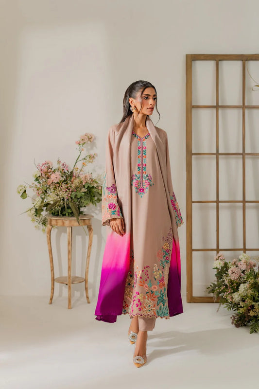 VINTAGE-3PC DHANAK EMBROIDERED SHIRT WITH TYE & DYE CHIFFON DUPATTA AND TROUSER-W.J-1995