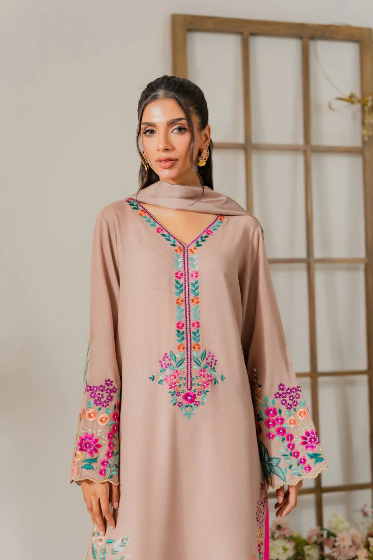 VINTAGE-3PC DHANAK EMBROIDERED SHIRT WITH TYE & DYE CHIFFON DUPATTA AND TROUSER-W.J-1995
