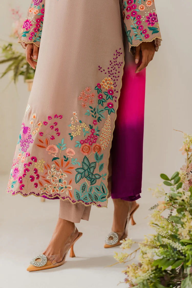 VINTAGE-3PC DHANAK EMBROIDERED SHIRT WITH TYE & DYE CHIFFON DUPATTA AND TROUSER-W.J-1995