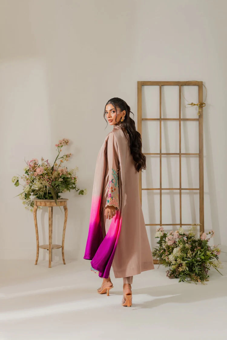 VINTAGE-3PC DHANAK EMBROIDERED SHIRT WITH TYE & DYE CHIFFON DUPATTA AND TROUSER-W.J-1995