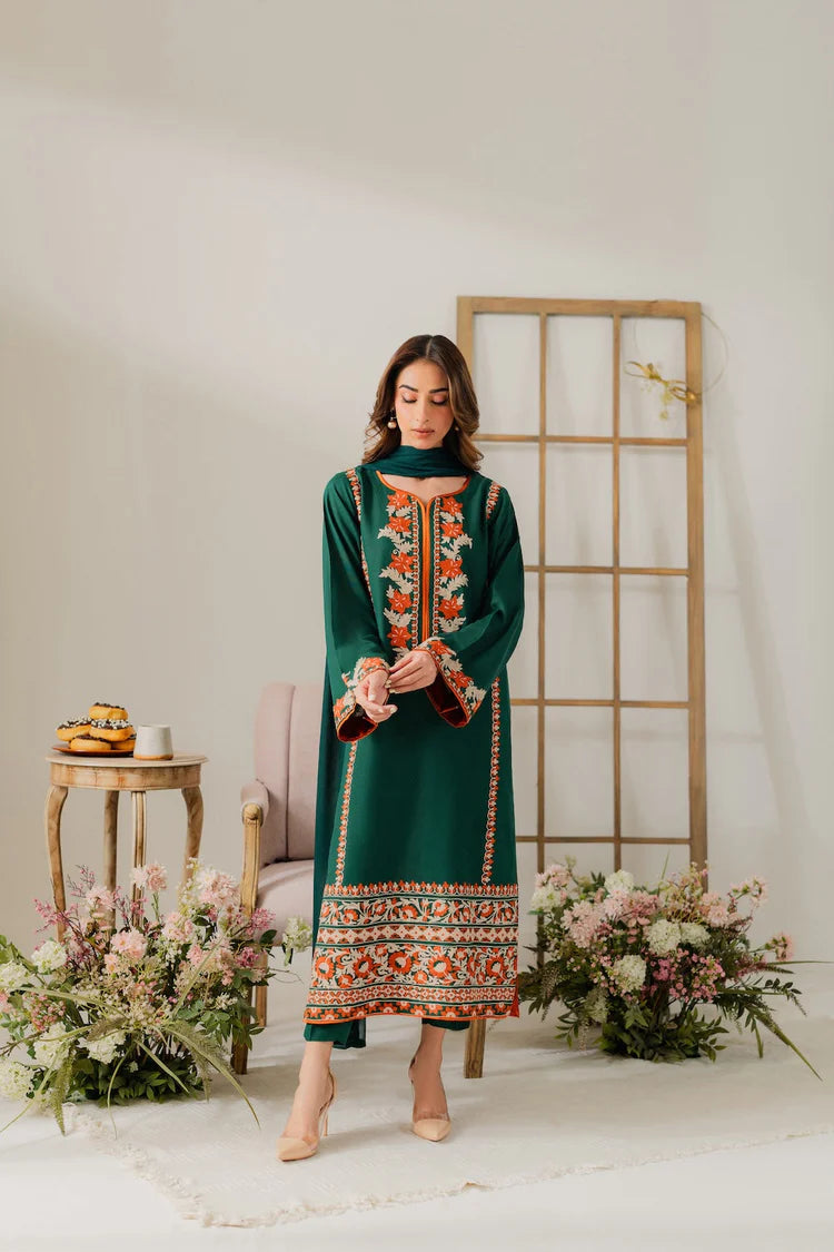 VINTAGE-3PC DHANAK EMBROIDERED SHIRT WITH BAMBER CHIFFON DUPATTA & TROUSER-W.J-1920