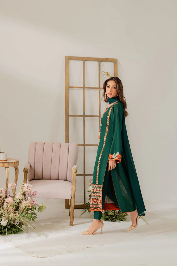 VINTAGE-3PC DHANAK EMBROIDERED SHIRT WITH BAMBER CHIFFON DUPATTA & TROUSER-W.J-1920