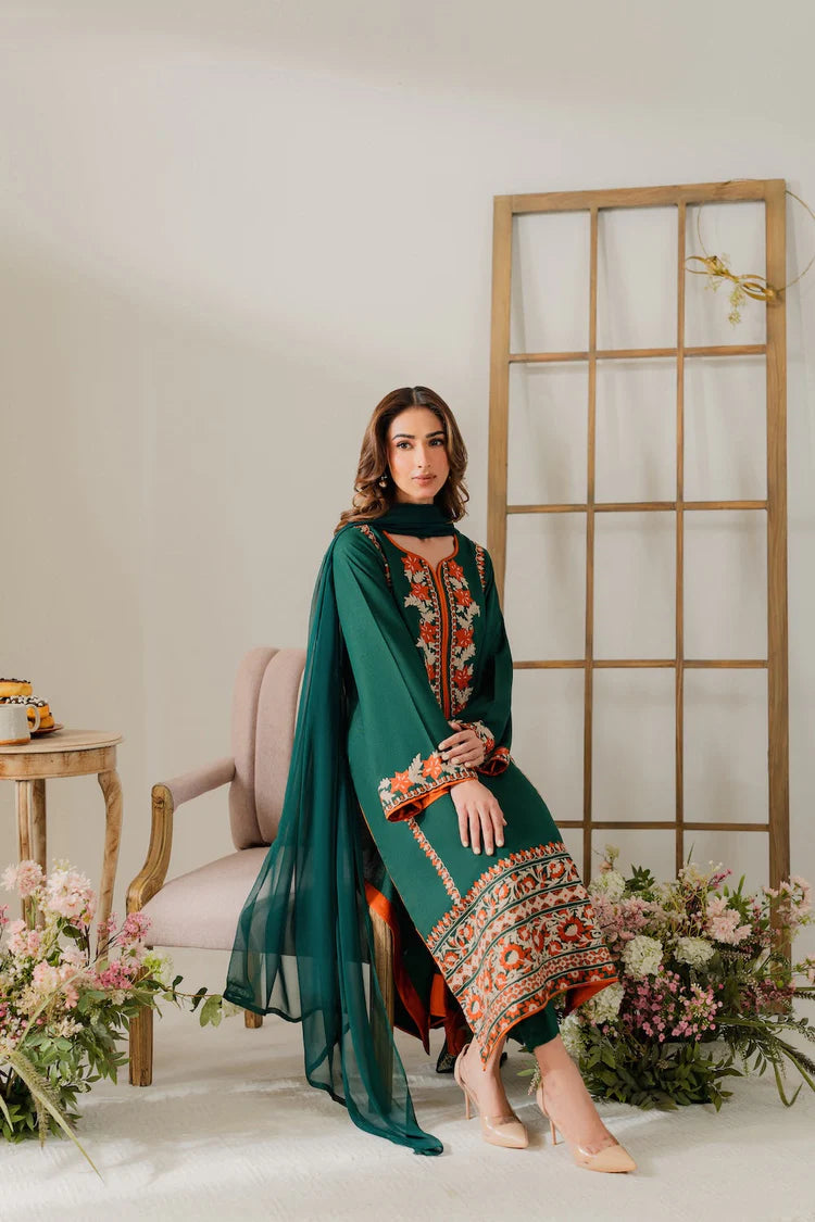 VINTAGE-3PC DHANAK EMBROIDERED SHIRT WITH BAMBER CHIFFON DUPATTA & TROUSER-W.J-1920