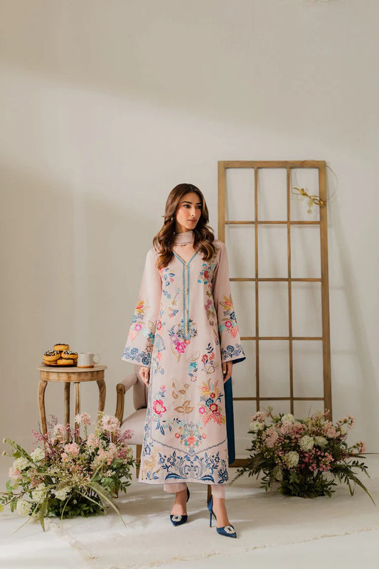 VINTAGE-3PC DHANAK EMBROIDERED SHIRT WITH TYE & DYE CHIFFON DUPATTA AND TROUSER-W.J-2018