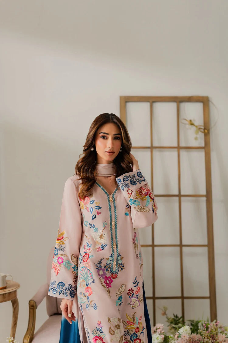 VINTAGE-3PC DHANAK EMBROIDERED SHIRT WITH TYE & DYE CHIFFON DUPATTA AND TROUSER-W.J-2018