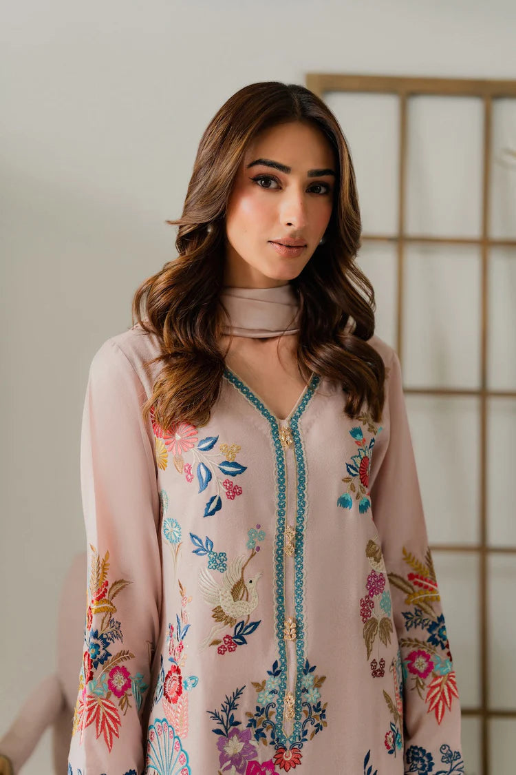 VINTAGE-3PC DHANAK EMBROIDERED SHIRT WITH TYE & DYE CHIFFON DUPATTA AND TROUSER-W.J-2018