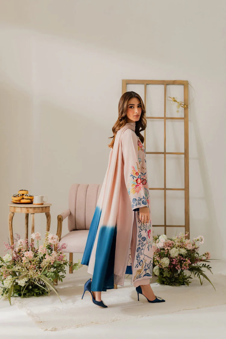 VINTAGE-3PC DHANAK EMBROIDERED SHIRT WITH TYE & DYE CHIFFON DUPATTA AND TROUSER-W.J-2018