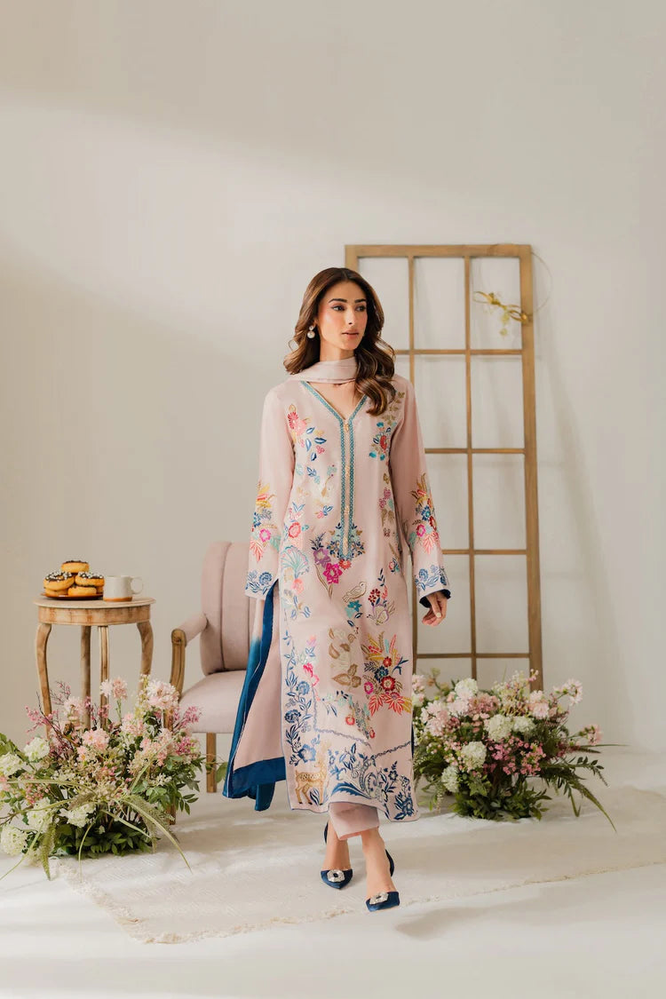 VINTAGE-3PC DHANAK EMBROIDERED SHIRT WITH TYE & DYE CHIFFON DUPATTA AND TROUSER-W.J-2018