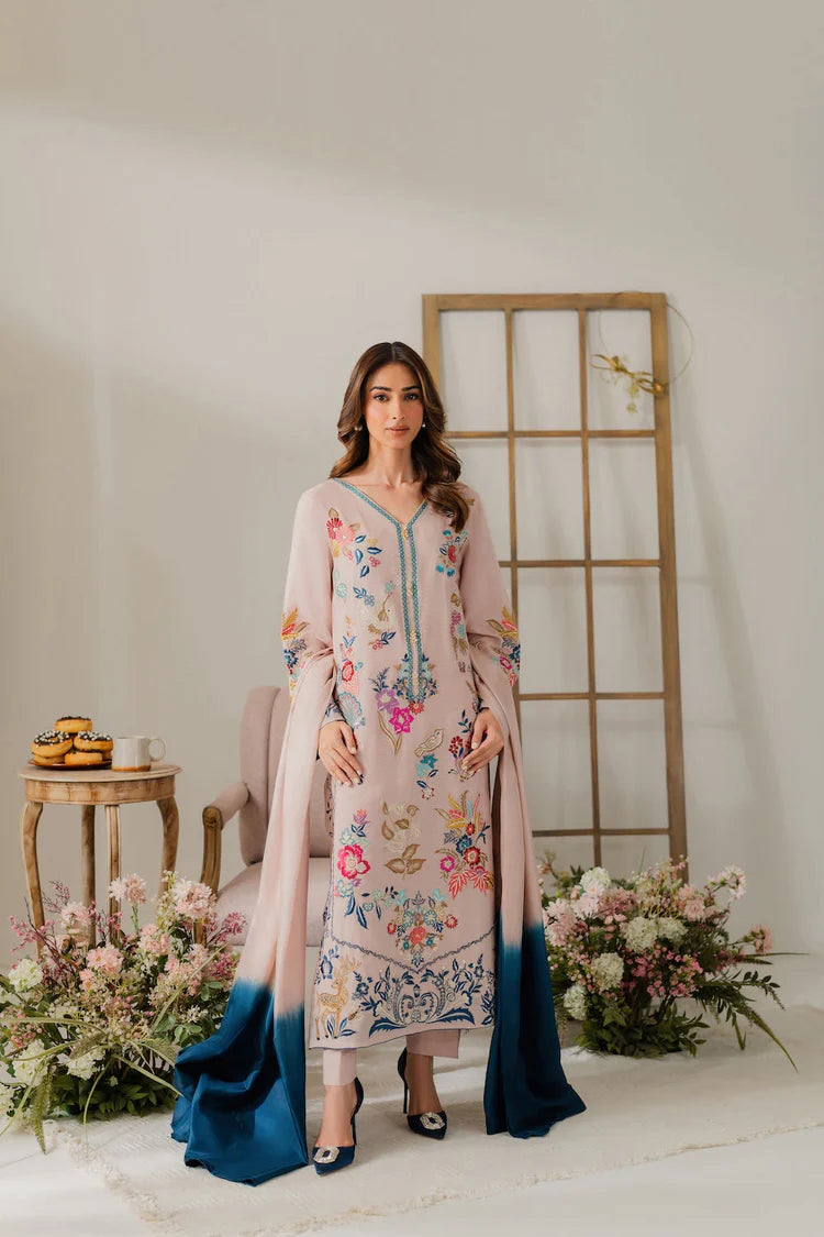VINTAGE-3PC DHANAK EMBROIDERED SHIRT WITH TYE & DYE CHIFFON DUPATTA AND TROUSER-W.J-2018