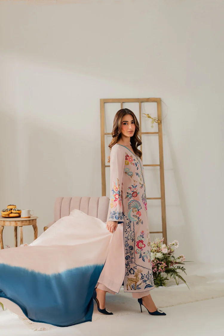 VINTAGE-3PC DHANAK EMBROIDERED SHIRT WITH TYE & DYE CHIFFON DUPATTA AND TROUSER-W.J-2018